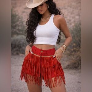 High Waist Red Fringe Shorts